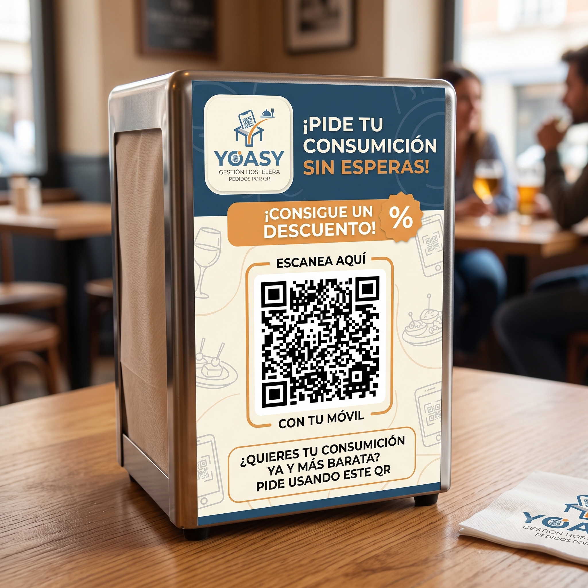 Código QR de YOASY en un servilletero de una terraza
